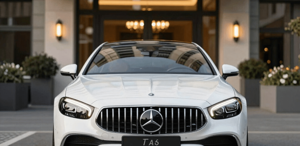 A sleek black luxury car parked in front of a modern Swiss mountain chalet at sunset.