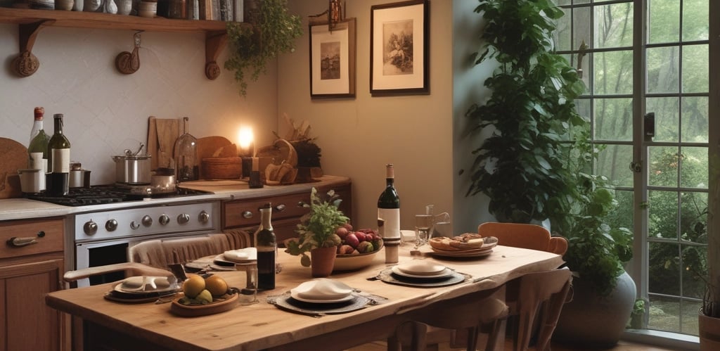 A warm, inviting home kitchen with a rustic wooden table set for a relaxed Saturday dinner, featuring soft lighting and fresh ingredients.