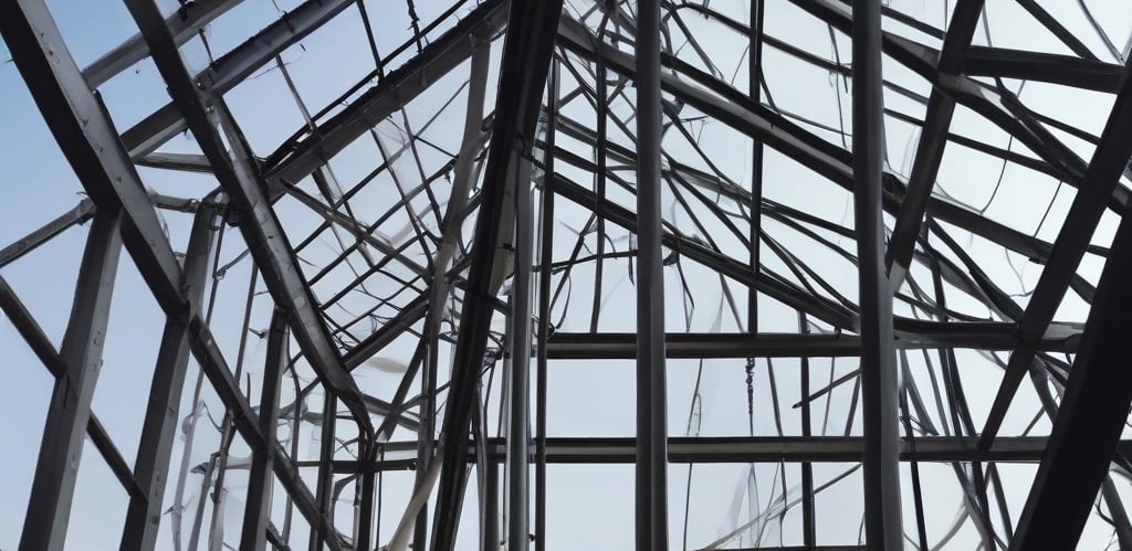 A sleek steel framework of a modern building under construction against a clear sky.