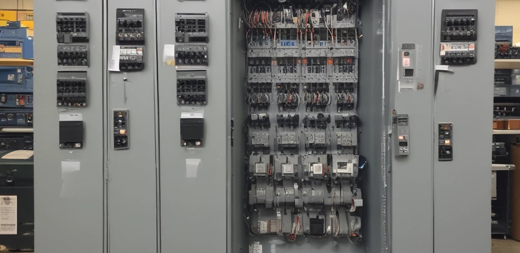 Technician working on industrial electrical control panels in a large agricultural facility.
