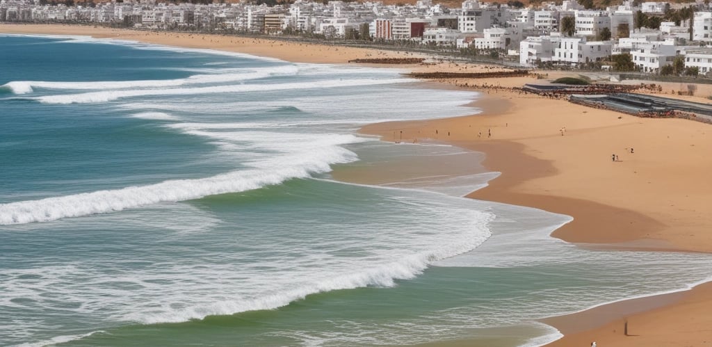 A warm, inviting street scene in Agadir with locals and tourists enjoying a sunny day.