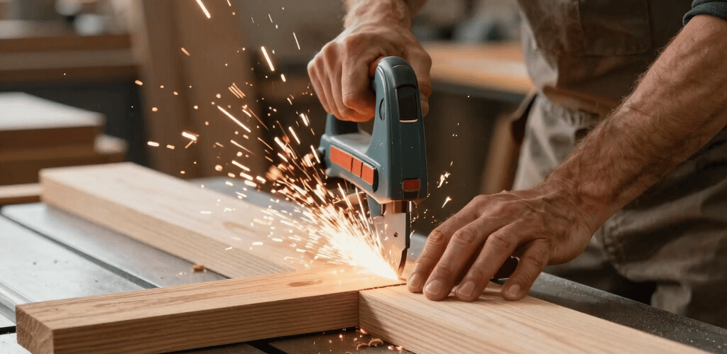 A skilled craftsman carefully assembling a wooden chair in a bright, modern workshop filled with natural light.