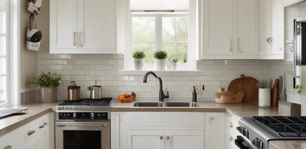 A warm, inviting kitchen featuring a gleaming quartz countertop with soft natural light highlighting its colors.