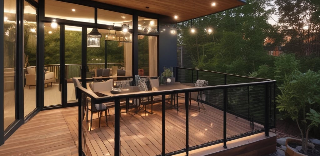 A skilled builder carefully installing a wooden deck in a sunny backyard surrounded by lush greenery.