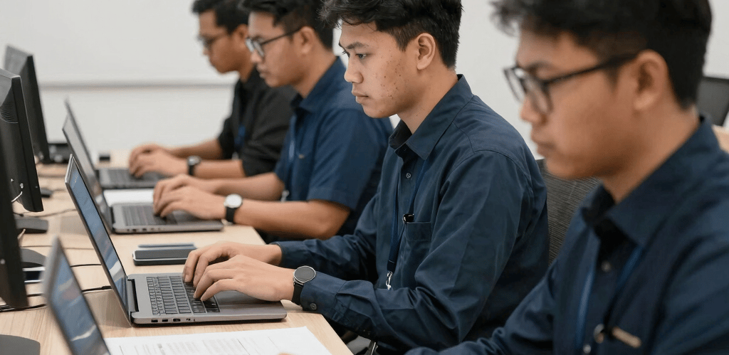 Modern office workspace with a diverse team collaborating on technology development.