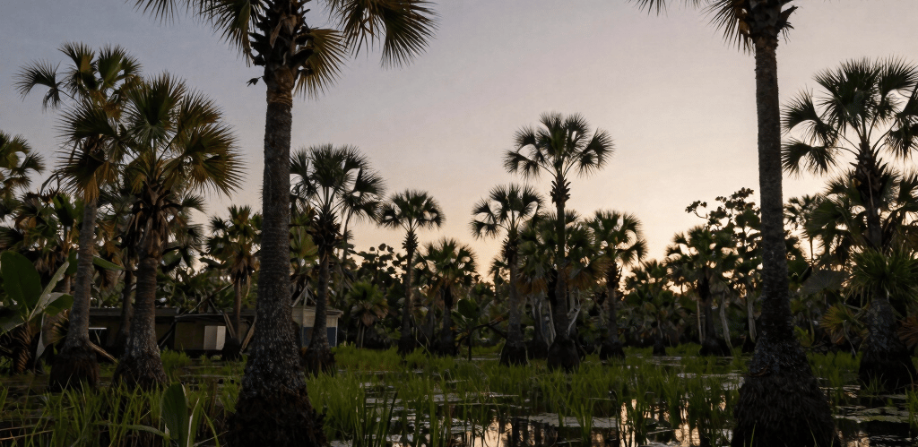 A moody, fog-laden Everglades swamp at dusk with twisted cypress trees silhouetted against a charcoal sky.