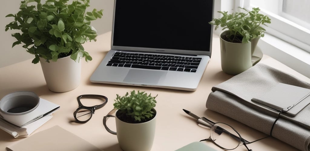 A cozy workspace with a laptop, planner, and a cup of tea, reflecting a calm and organized environment.