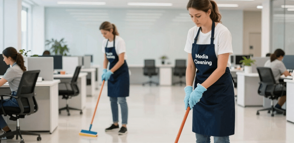A friendly cleaning professional in uniform smiling while holding cleaning supplies in a bright, tidy living room.