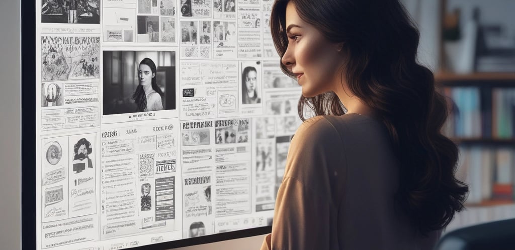 A friendly team collaborating over a laptop with website designs and marketing plans.