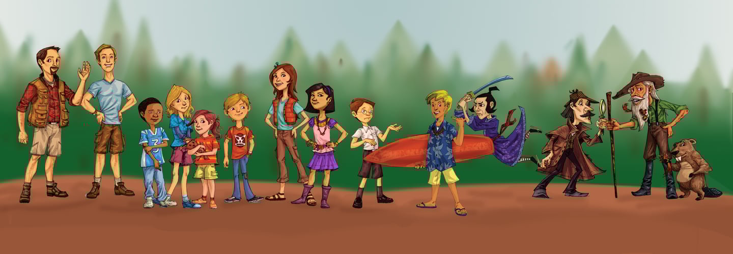 the cartoon characters standing in front of a forest