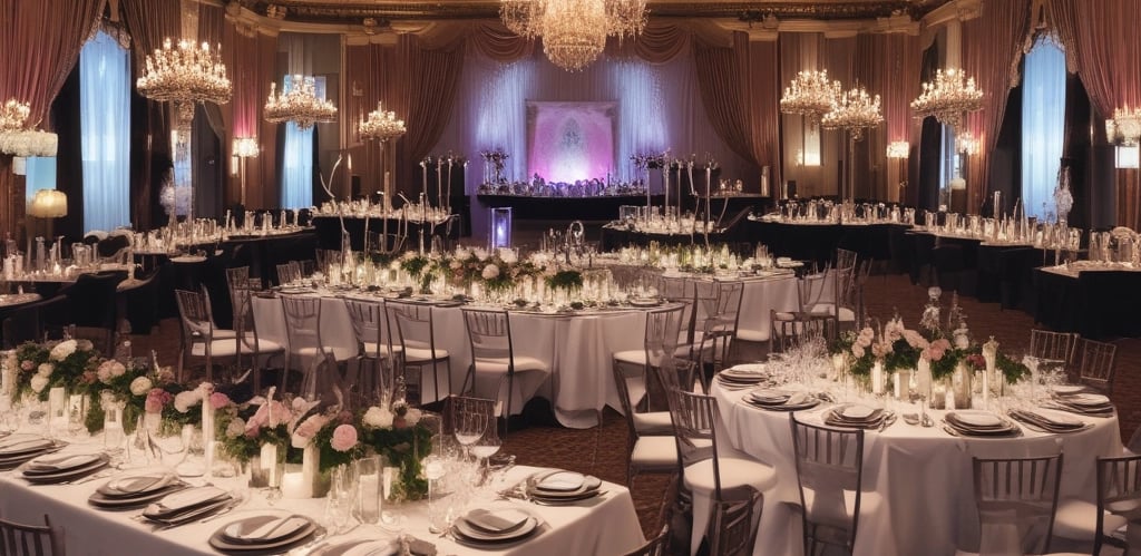 A formal event taking place in a dimly lit venue. Multiple round tables are set with tableware and decorated with floral centerpieces. Attendees are seated in black chair covers, wearing formal attire, some engaged in conversation while others appear to be listening or using their phones.