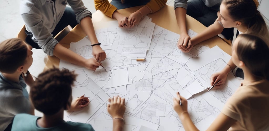 A diverse team collaborating around a laptop in a modern office space.