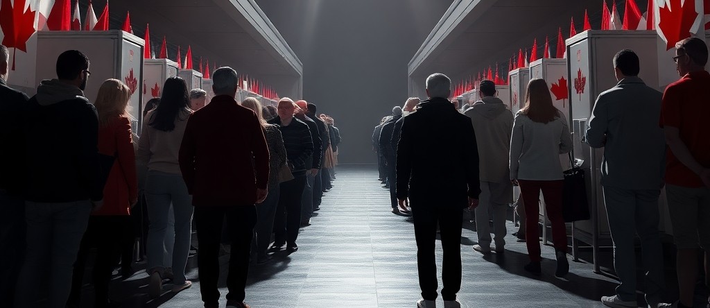 Image of people standing in line with Canadian flags beside them.