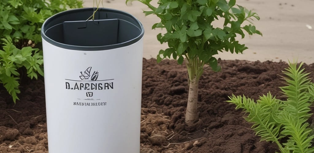 Several hands are holding various gardening and plant care products against a light background. These include a pink banner with bold red text, a bottle of plant spray, gardening tags, bottles of liquid fertilizer, and bags of plant soil labeled in German.