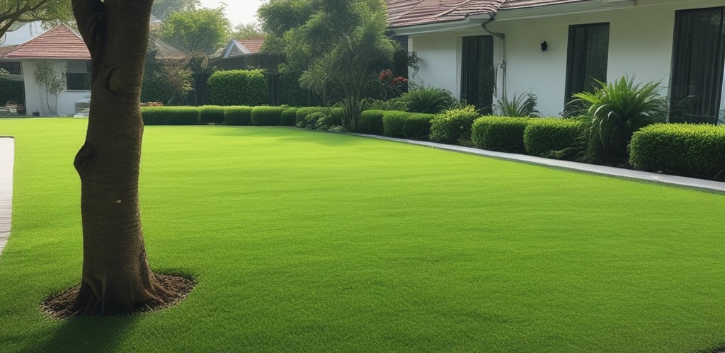 A person operates a green ride-on lawnmower, cutting grass around a small bush on a well-maintained lawn.