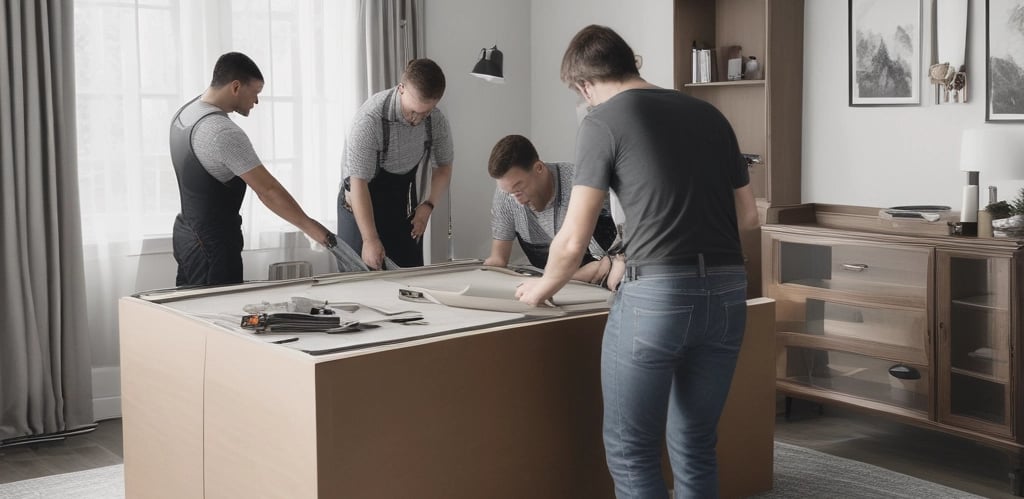 Professional handyman assembling furniture in a modern living room.
