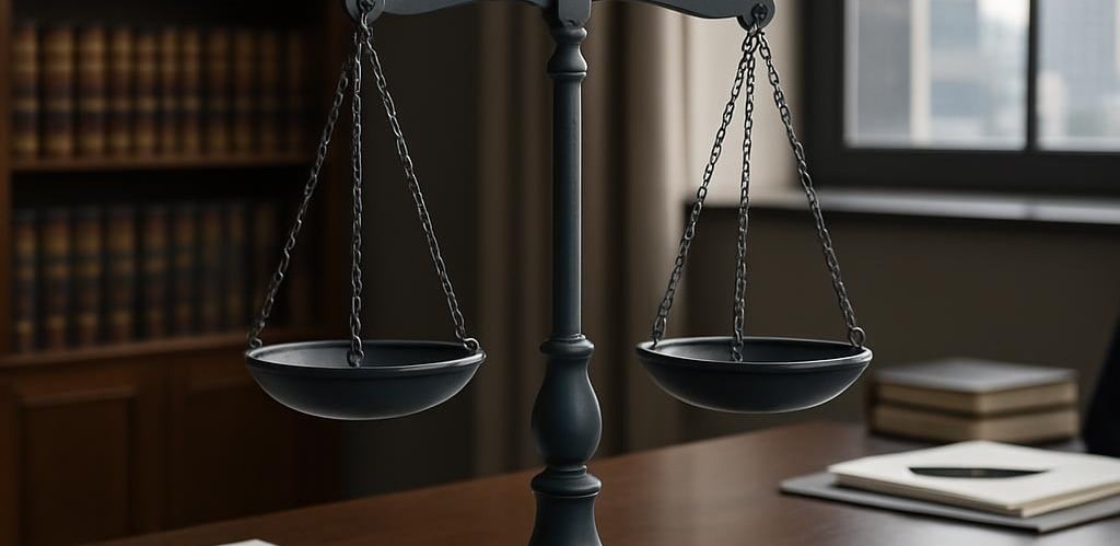 Legal scales, typically seen as being balanced and just.