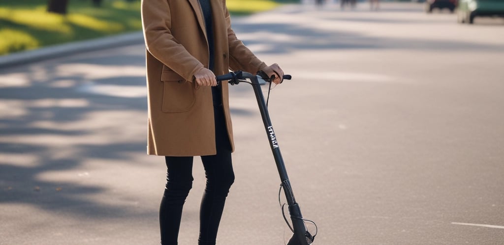 A red and white electric scooter is parked on a sidewalk next to a building. It has a top case for storage and a green license plate indicating it is an electric bike. The building wall is gray and has a modern, sleek texture.