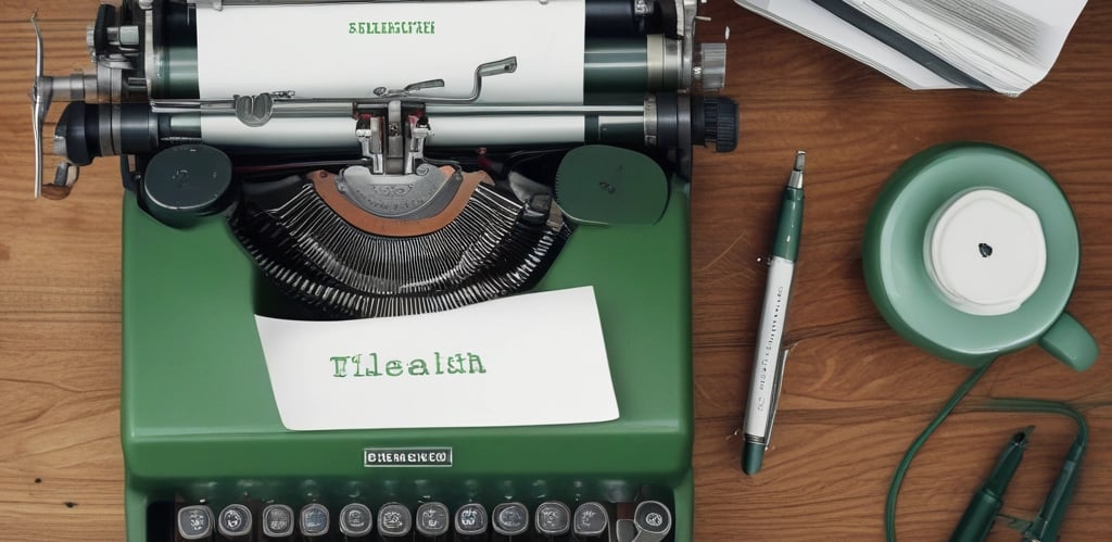 A vintage typewriter with green housing holds a sheet of paper with the word 'TELEHEALTH' typed on it. The scene is set on a wooden surface.
