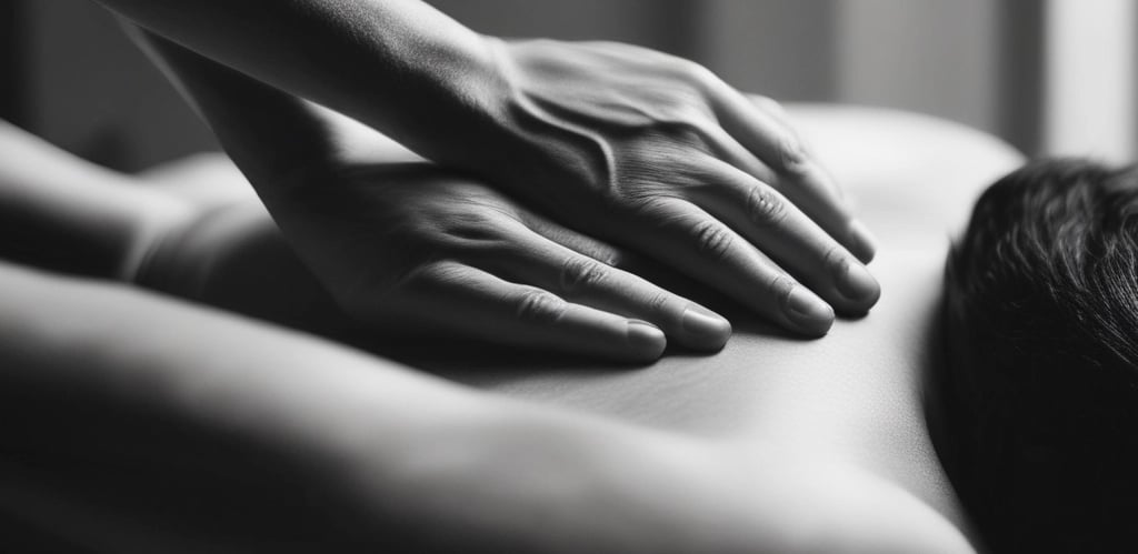 A person is giving a massage in a dimly lit room. The focus is on the hands applying pressure on the back of the individual lying down. The atmosphere appears calm and therapeutic.