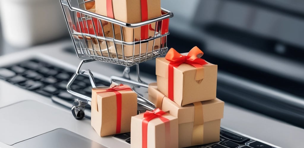 A collection of gift boxes wrapped in various plaid and striped patterns is stacked on a table. A warm lamp illuminates the scene, creating a cozy and inviting atmosphere. Greeting cards are placed in the background near a window, adding to the festive setting.