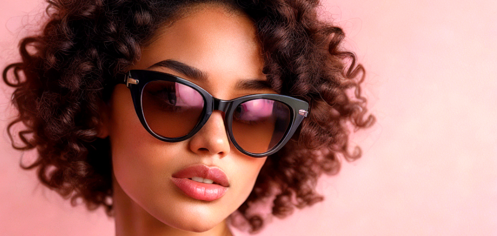 a woman dark curly with a black cat eye  sunglasses