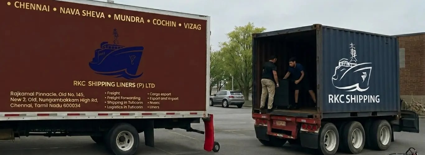 RKC Shipping workers loading a logistics container on a freight transport truck in Chennai.