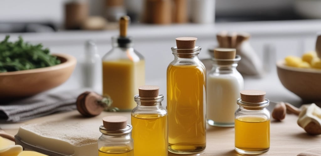 A serene setting with cannabis plants and wellness products displayed on a wooden table.