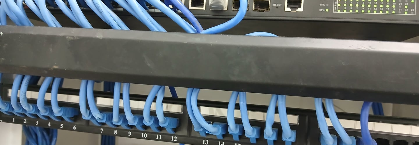 24-port PoE network switch with blue Ethernet cables organized in a server rack patch panel.