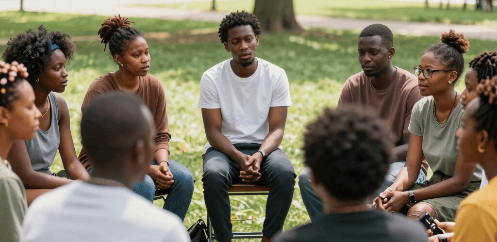 A diverse group of black people gathered outdoors, sharing stories and support in a sunny park.
