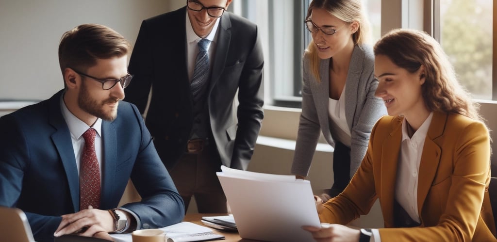 A warm, professional team of attorneys in a bright office discussing case details with a client.