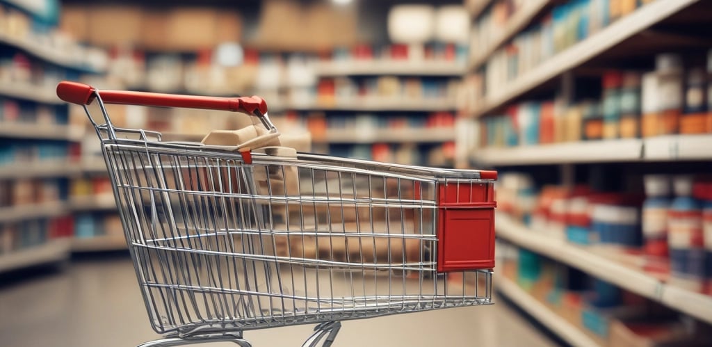 A diverse range of wholesale products displayed on shelves in a well-organized warehouse.