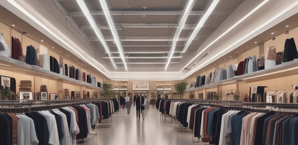 A room filled with a variety of clothing items hanging on racks, with colorful dresses and garments on both sides. To the left, there is a display of hats, featuring several different colors and styles. In the center back of the room is a closed black door labeled 'EMPLOYEES ONLY'. The wall behind the clothing has a teal color.