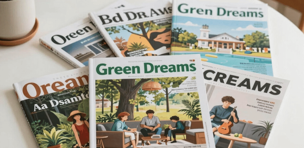 A vibrant display of Green Dreams' magazine covers arranged in a colorful grid.