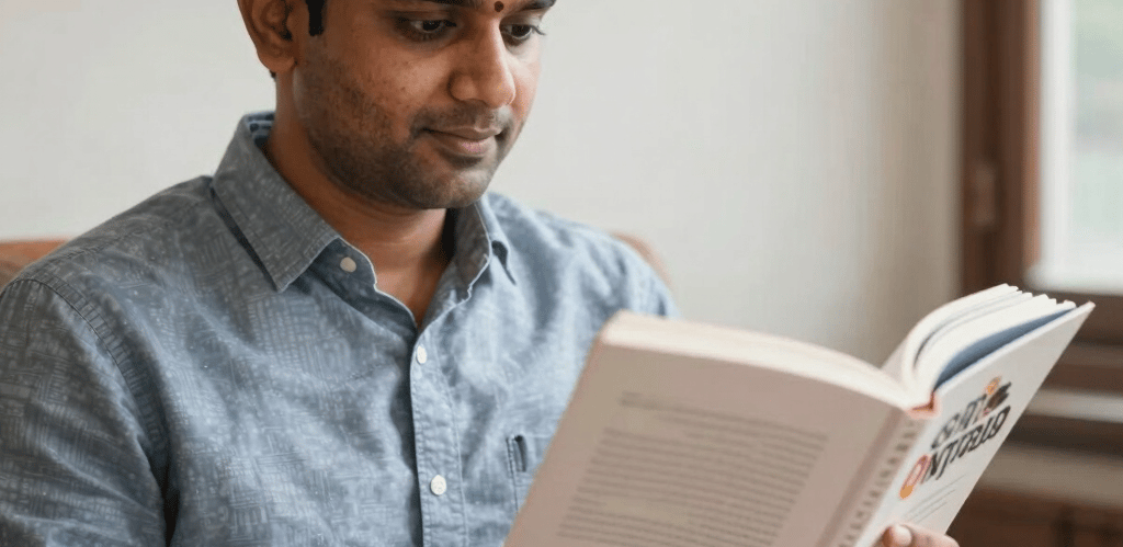 A cozy reading nook with a stack of colorful books and a warm cup of tea by a window.