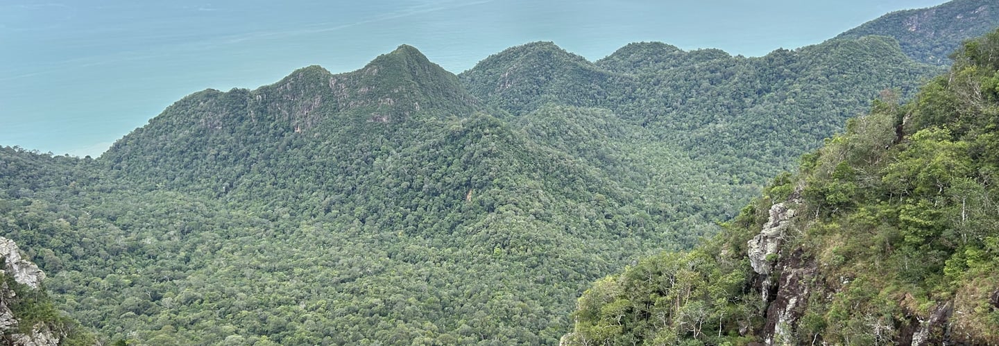 Mountain view of Gunung Raya in Langkawi, Malaysia, with surrounding tropical rainforest.