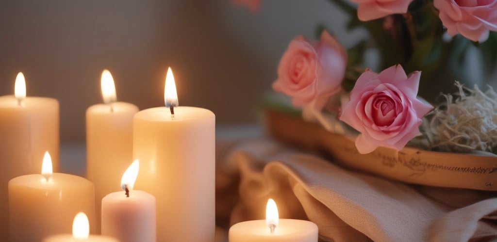 A collection of artisan candles with dried flowers and herbs embedded in the wax is arranged on a wooden surface. The candles vary in size, with some in glass containers. The dried flowers include lavender and rose petals, adding a rustic and handmade aesthetic. Soft lighting enhances the warm and cozy atmosphere.