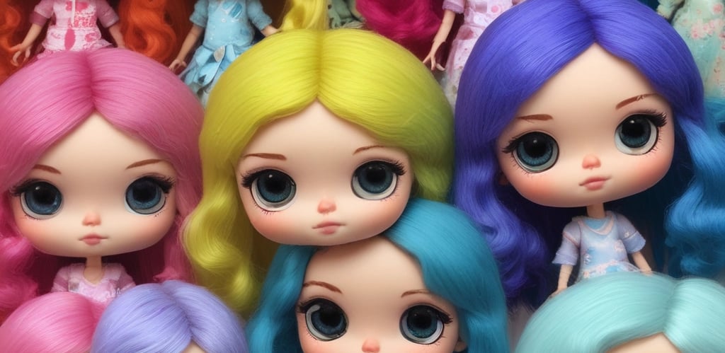 A collection of handmade dolls adorned in colorful, traditional woven garments, featuring vibrant patterns. The dolls have bright hats and distinct facial features, with backgrounds of similar textile material.