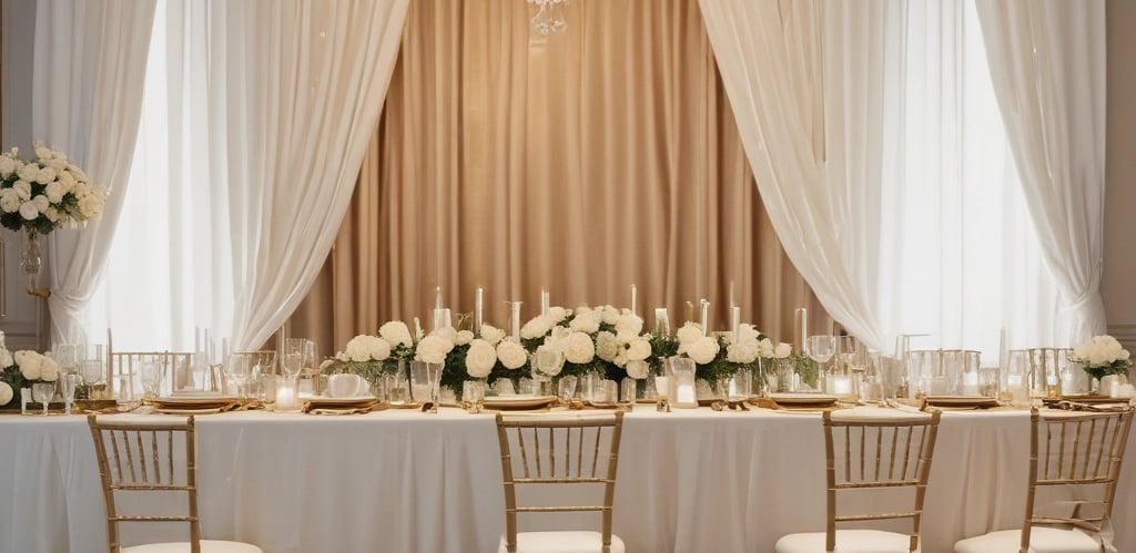 A spacious interior of a rustic event venue with exposed brick walls and wooden beams under a ceiling with string lights. Large wooden tables are arranged in a U-shape, decorated with greenery and place settings for a gathering or celebration.