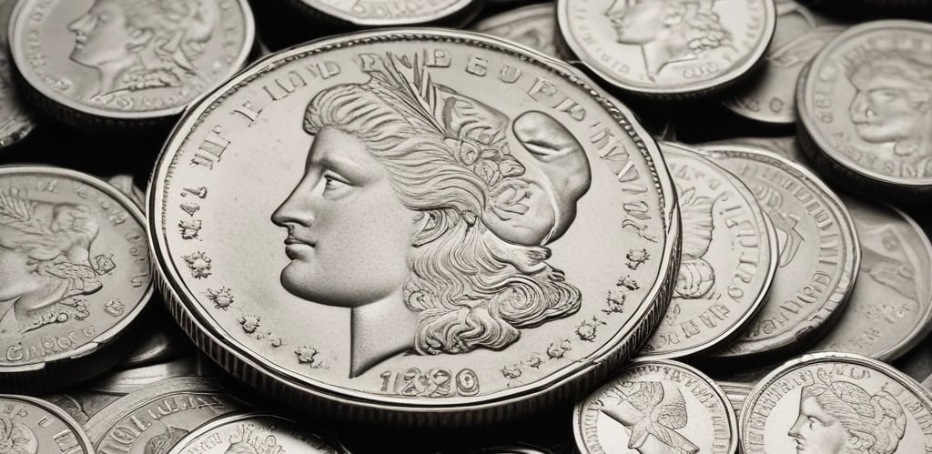 Stacks of shiny silver coins rest on top of silver bars, with intricate designs and engravings visible on the surfaces. The centerpiece coin features a lion’s head within a decorative border, while other coins display different motifs.