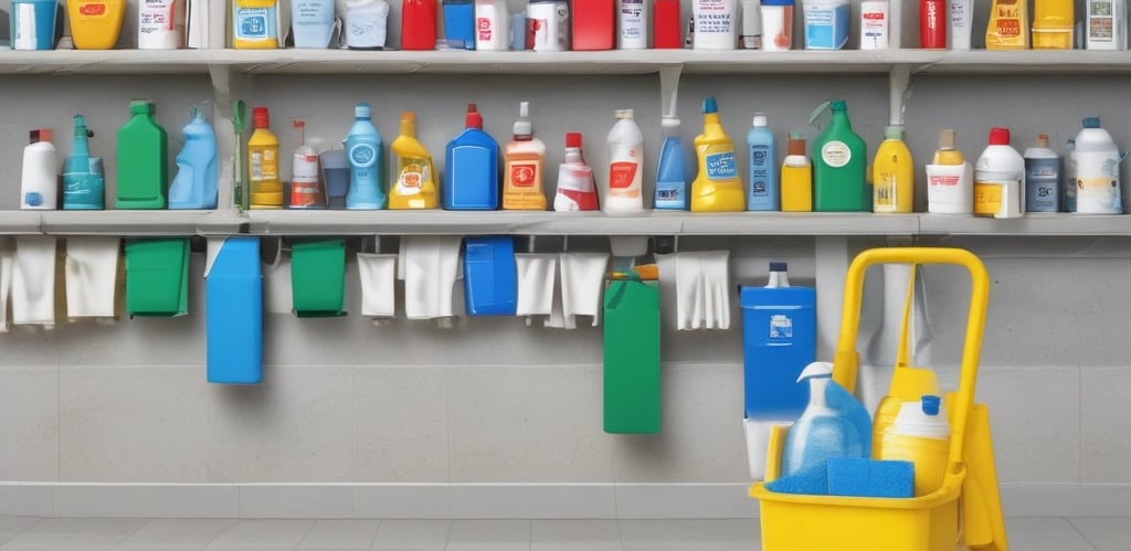 A minimalist arrangement of eco-friendly cleaning products including various bottles, containers, and packaging. The items are neatly placed on a soft beige fabric backdrop, emphasizing a sustainable and natural aesthetic.