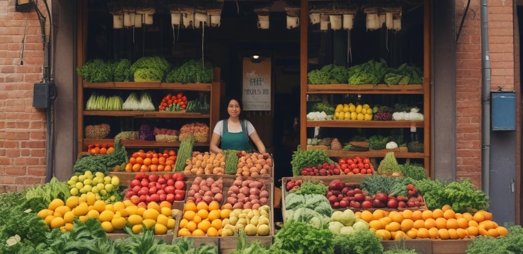 Two individuals are arranging an assortment of fresh produce on a table under a canopy, with a sign reading 'Saber Ridge Farms Established 2023 Local Fresh Produce' in the background. The table is covered with baskets containing various fruits and vegetables, such as potatoes, apples, lemons, and onions.