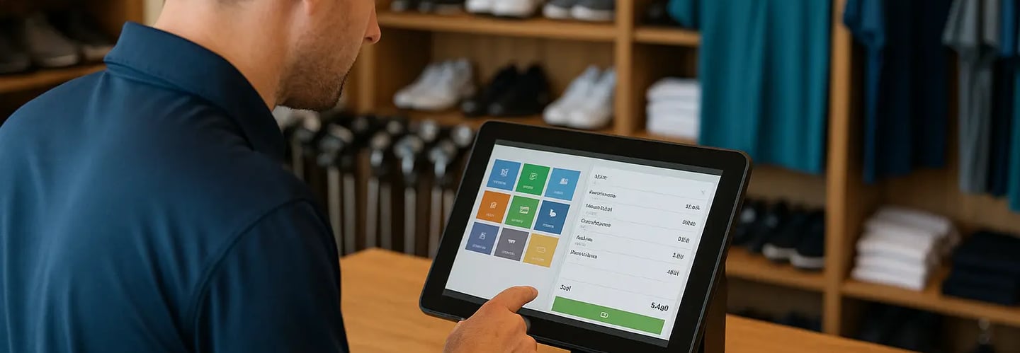 Pro shop staff processing a card payment at a golf club desk, with modern POS and booking systems visible.”