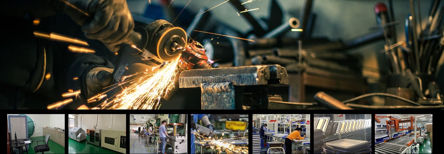a man in a LED light factory with a lot of work on his workbench