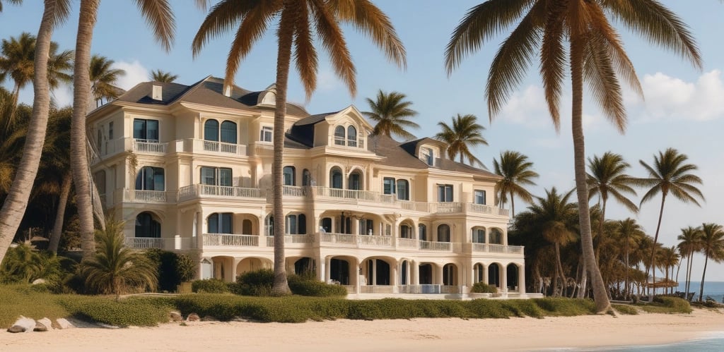 A luxurious beachfront property with a large, elegant building set behind a pristine sandy beach. Palm trees and small thatched structures provide shade along the shoreline. The sea in the foreground is calm and blue, contrasting with the light-colored architecture of the estate.