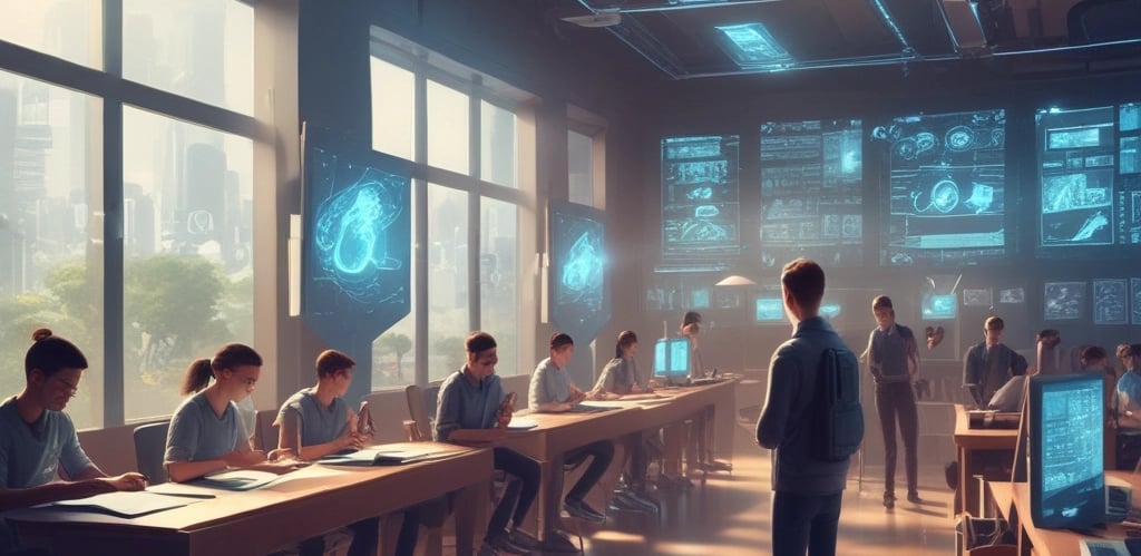 A classroom setting with a group of students seated and facing a large chalkboard filled with mathematical equations and diagrams. A teacher stands at the front, engaging with the students. The room has a warm lighting atmosphere with track lights on the ceiling, and various personal items like water bottles are visible on the desks.