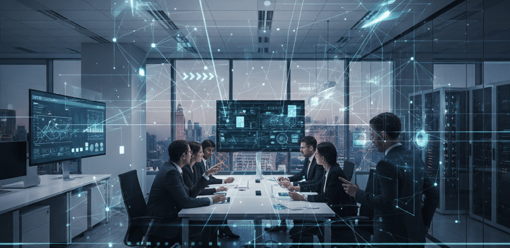 Professional business technology concept, modern office with digital network overlay