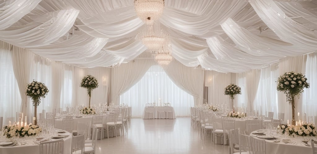 A beautifully decorated banquet hall with elegant lighting and floral arrangements.