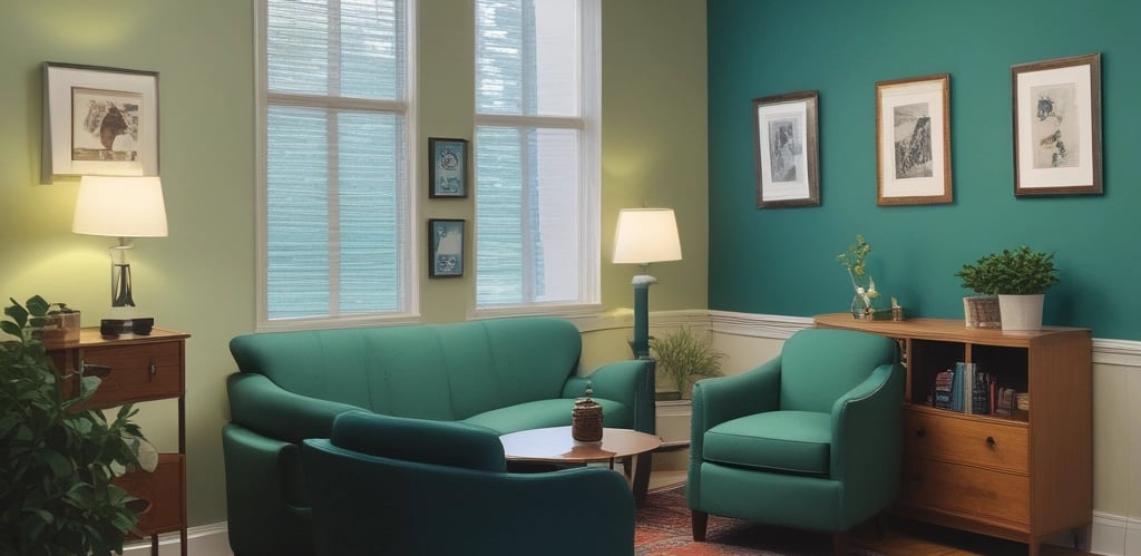 A serene counseling office with comfortable seating and calming decor.