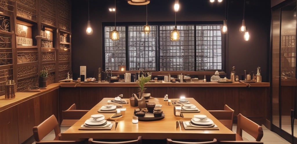 a dining room table with a table set for four